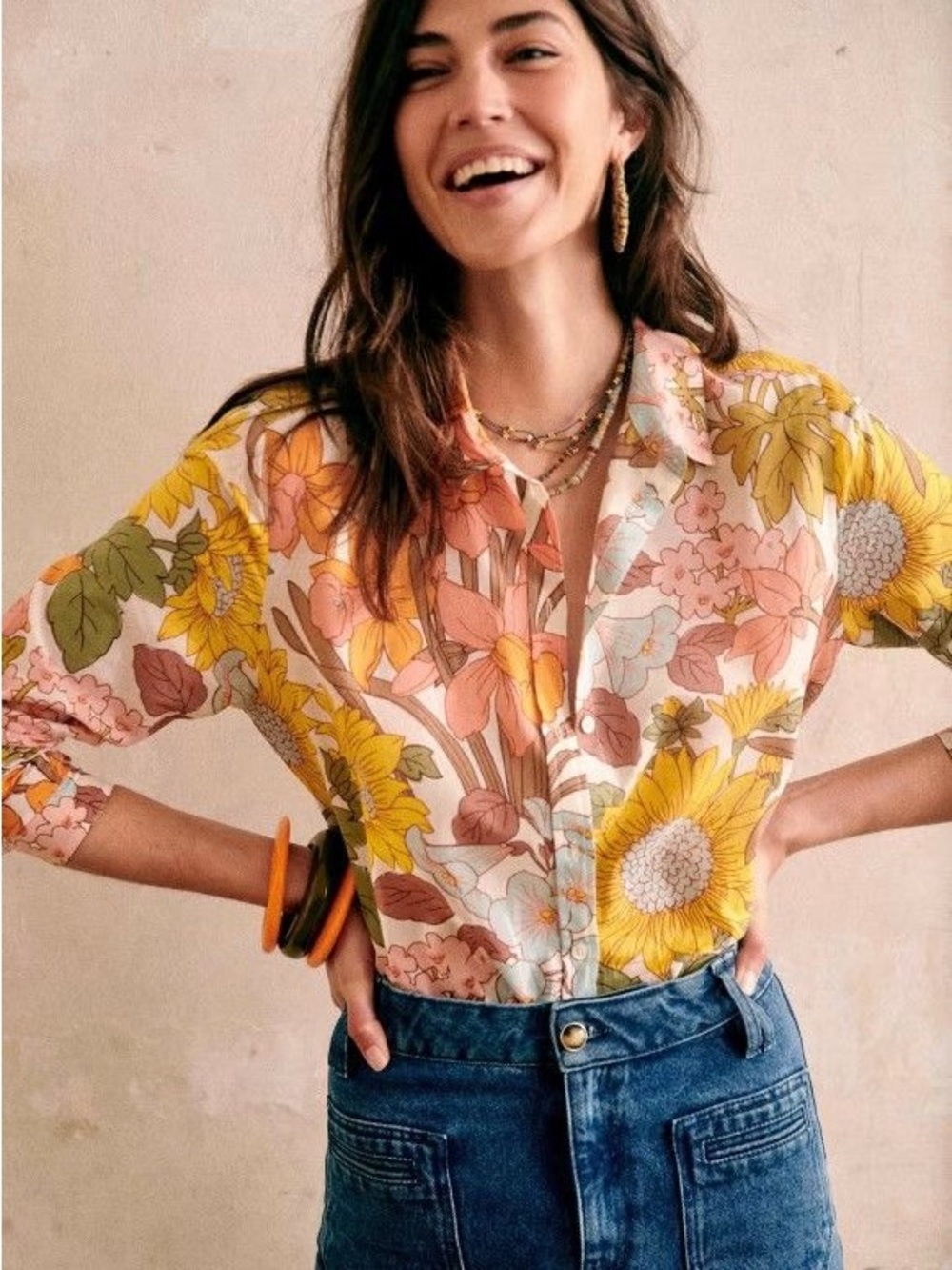 SEZANE Yellow Pink 70’s Floral Printed Lightweight Button Down Pierro Shirt